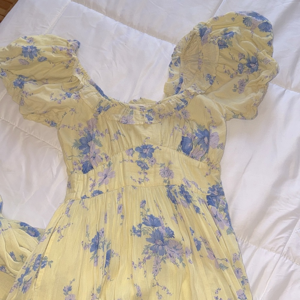 LoveShackFancy Emory Yellow Dress- Puff sleeve milkmaid midi dress - Picture 5 of 7
